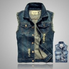 Gilet Senza Maniche Uomo Giacca Fastener Denim Distressed Plus Size