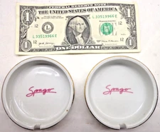 2 Vtg Spago Restaurant White Ceramic Ashtray Pink Lettering & Goldtone Foil Rim