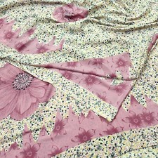 Vintage Sari Ivory Pink Moss Crepe Printed Sarees 5yd Craft Fabric Sewing Soft