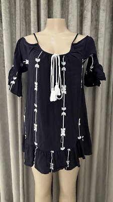 Exist Blue Open Shoulders Loose Fit Embroidered Flowers Dress Size S