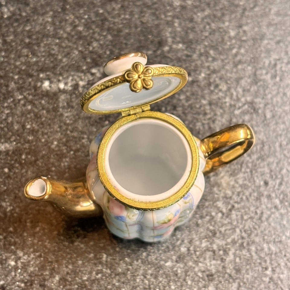 Floral Rose Teapot Hinged Trinket Box Blue Pink Flower Gold Limoges