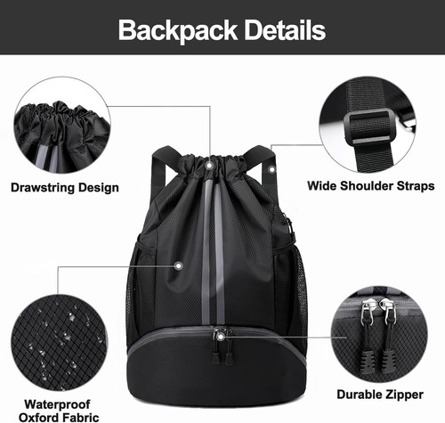 Black Sports Drawstring Backpack Swim Gym Bag Shoes Compartment Waterproof - Picture 10 of 11