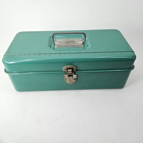 Vintage Liberty Steel Chest Corp Metal Tool Box Green with Tray & Ruler Top USA