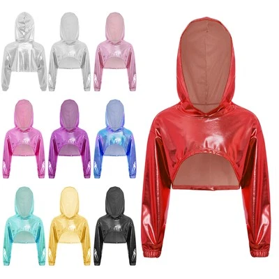 FREEBILY Kids Girls Metallic Hoodie Cropped Hooded Hip-Hop Jazz Dance Performance Costume
