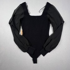 NWT Ribbed Knit Bodysuit Womens Black Sheer Puff Sleeve Square Neck Elegant Top