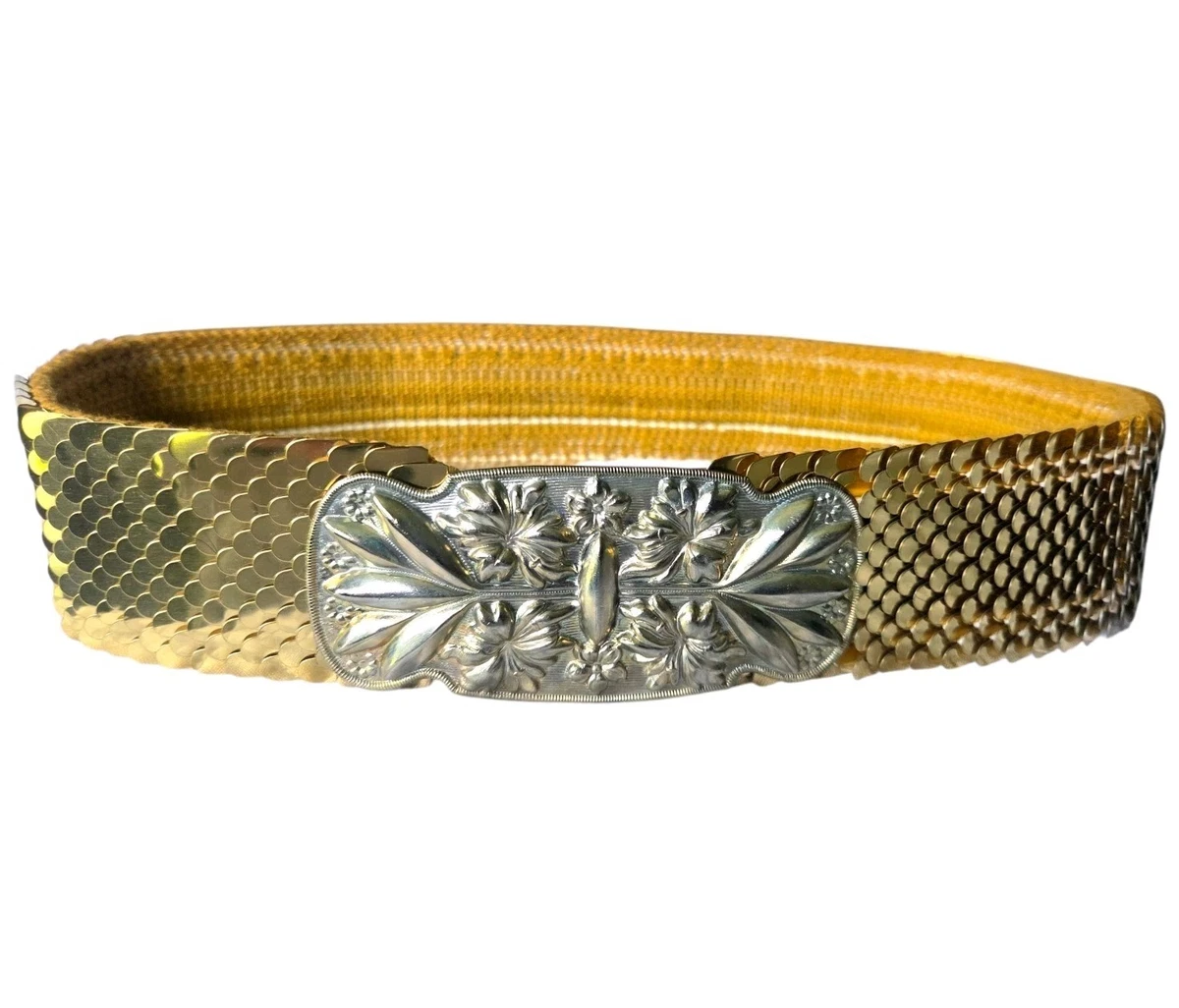 Vintage Gold Tone Metal Scale Belt with Floral Buckle Stretchy Mesh, Wide 35 in Women main image 2