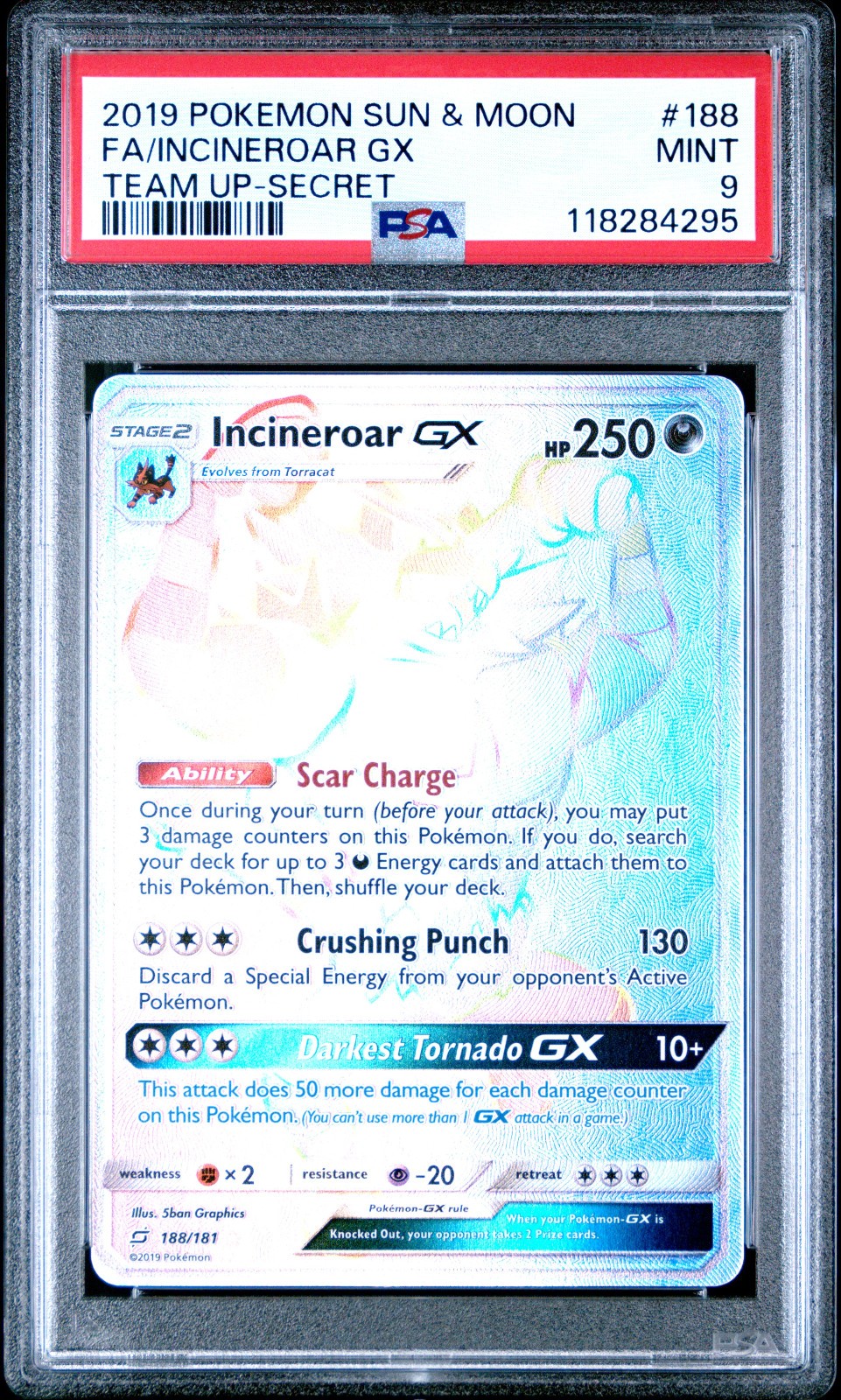 2019 POKEMON TEAM UP INCINEROAR GX #188 SECRET RARE PSA 9 MINT #118284295