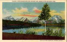Teton Mountains Jackson Lake Grand Teton Haynes c1937 Linen Postcard