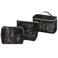 3-Piece Mesh Makeup Bag Set Flocking Heart Printed, Portable Travel Black-3pcs