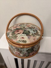 Vintage Tapestry Floral & Wicker Rattan Sewing Box With Sylko Threads & Mending 