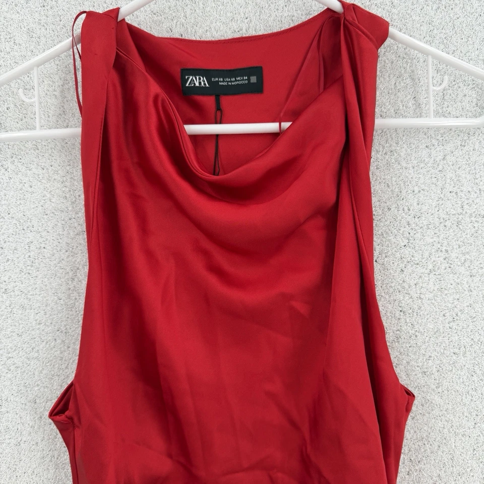 Zara платье женщин XS атласный красный макси без рукавов собранными в Рюш платье для официальных приемов вечеринки новый - Изображение 4 из 4