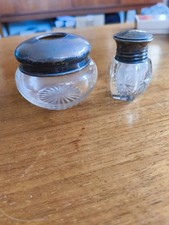 2 x sterling Silver Top Cut Glass Pots Art Nouveau Vintage Antique Weight 17g