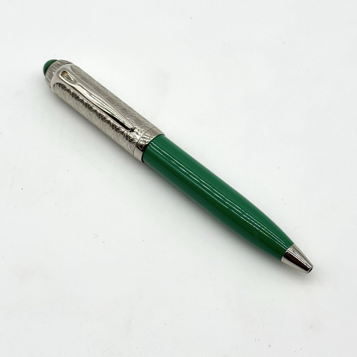 Cartier Silver Engraved Green Resin Ballpoint Pen Luxury Vintage