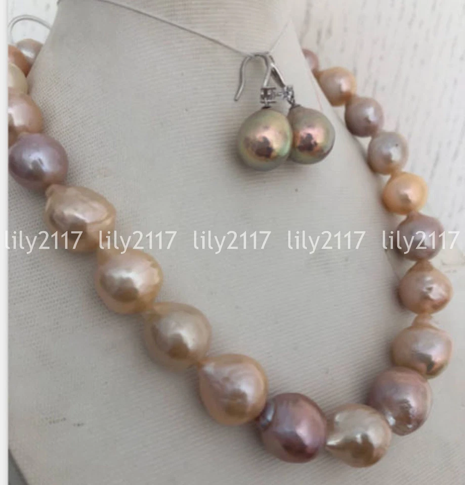 Beautiful Natural 13-14mm south sea baroque gold pink pearl necklace earring set - Image 4 of 4
