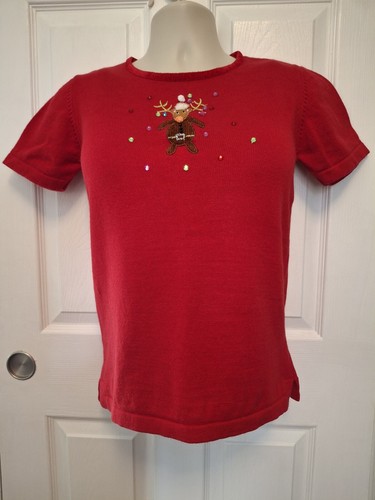 Vintage Womens Quacker Factory XS Christmas Reindeer Short Sleeve Sweater Size