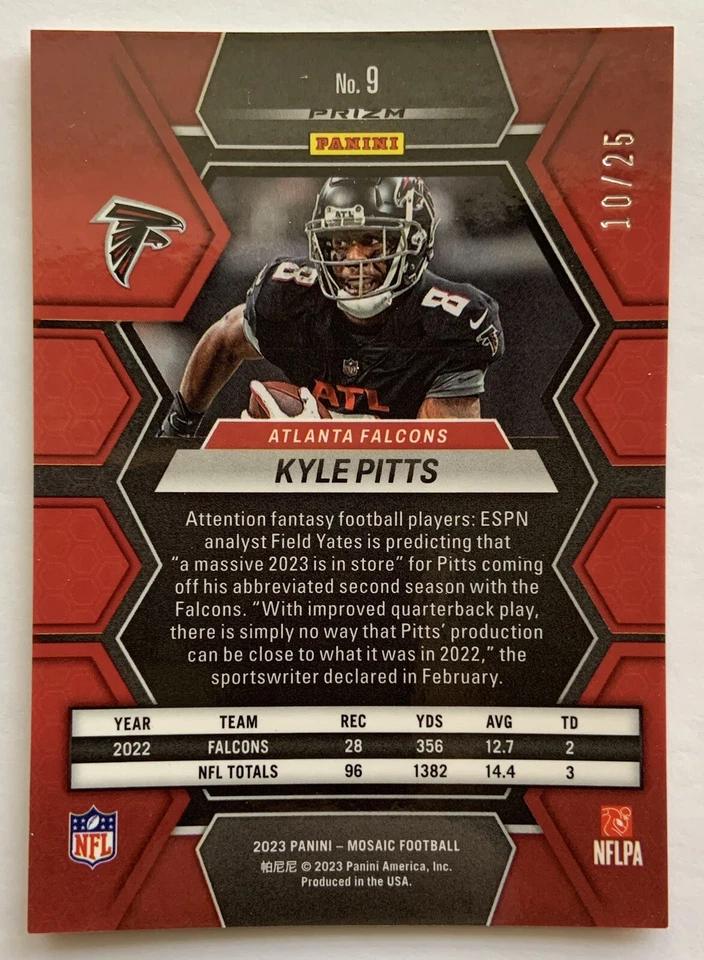 KYLE PITTS FALCONS 2023 PANINI MOSAIC FLUORESCENT ORANGE PRIZM SP SSP CARD /25 - Image 2 of 2