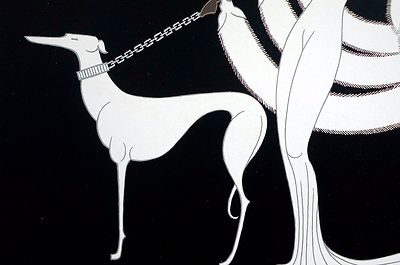 Erte 1987 EBONY and WHITE BROWN SKINNED LADY in FUR w GREYHOUND
