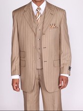 Men's 3 piece Vested Suit Tan Color Elegant Classic Stripes with Sititching 5267