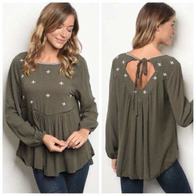 Olive green long sleeve embroidery tunic top Size Large. Medium Also Available