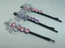 VINTAGE 3 PINK  PURPLE RHINESTONE FLOWER BOBBY PINS UP DO HAIR ACCESSORY