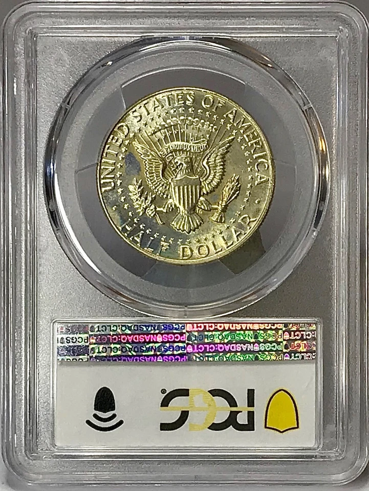 Medio dólar Kennedy 1966 40 % plata graduación profesional SP65 SMS magnífico color tono arco iris Foto 4 de 4