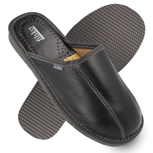 Slippers men's leather black up to size 50 slippers premium sole filsko Tarm