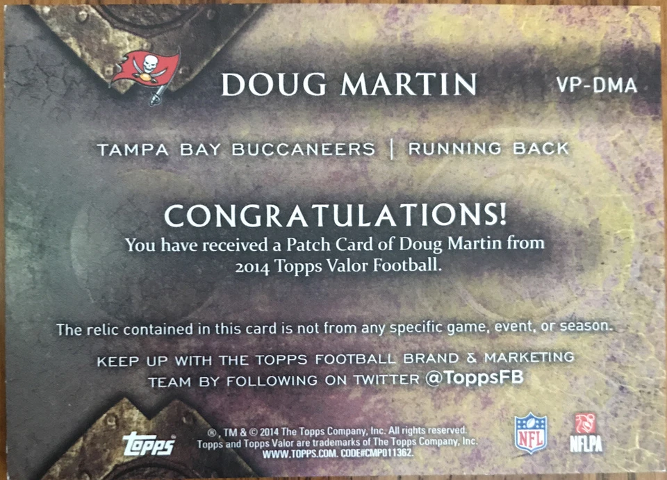2014 Topps Valor Jumbo Relics STRENGTH Doug Martin VP-DMA #’d 38/75 - Image 2 of 2