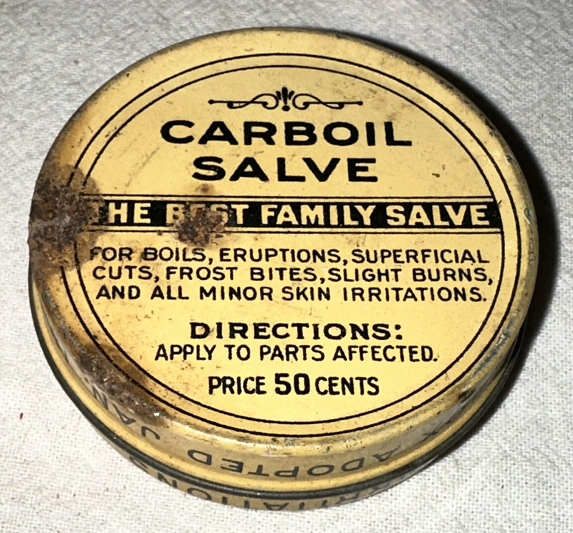 ANTIQUE CARBOIL TIN LITHO SALVE OINTMENT MEDICINE CAN FIRST AID