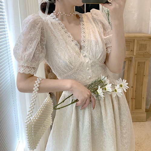 Women Lace Midi Dress Puff Short Sleeve High Waist A Line Elegant Retro - Picture 5 of 10
