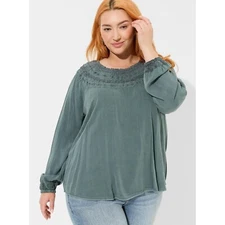 Torrid Rayon Twill Crochet Yoke Blouson Sleeve Top Women's Plus Size 1X