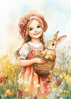 print ACEO Art Card Rabbit Girl Garden Flower Bunny Animal Limited Edition