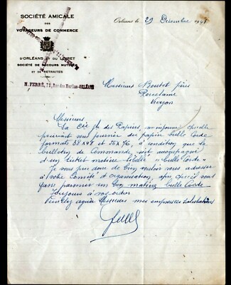 ORLEANS (45) Société Amicale des VOYAGEURS DE COMMERCE ''N. FERRE'' letter in 1943