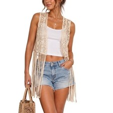 Women Cream Boho Floral Lace Faux Suede Fringe Festival Vest OS Tassel unbrand