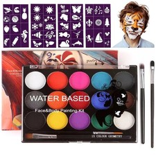 15 Color Face Painting Kit, Kids, Large Water Based Makeup, Stencils, 2 Brushes