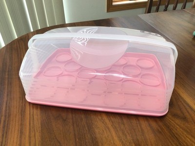 Tupperware NEW! Cake CARRIER Taker Pink Base Rectangle Easy Open