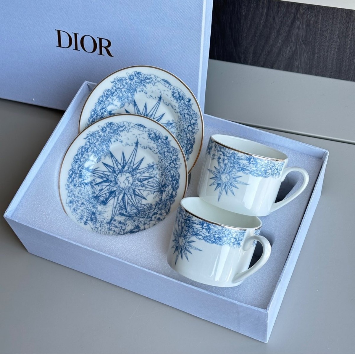 Dior Maison Blue White Porcelain Coffee Tea Cup Saucer Star Motif
