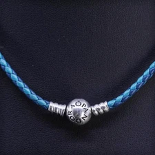 15”, vintage Pandora sterling silver 925 blue leather chain necklace