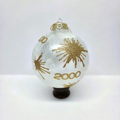 Large 2000 Fireworks Ball Christmas Ornament Gold Glitter Frosted Glass 4''