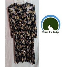 Vtg Black Floral Lace Collar Button Up Long Sleeve Midi Dress M/L F2 Cottage