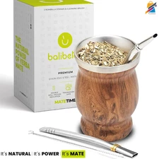 Yerba Mate Gourd Set Stainless Steel Wood Double Wall Easy Clean Gift Set 4 Pcs