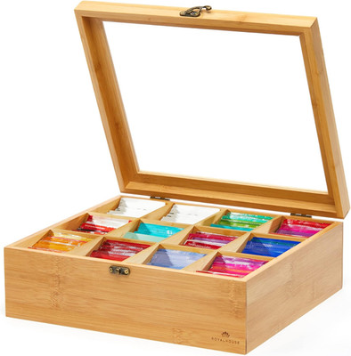Big Natural Bamboo Tea Storage Organizer with Clear Acrylic Top Window, 12 Compa