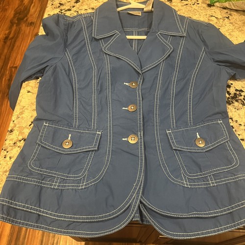 Chico’s Blue Lightweight Cotton Blazer Ruffle Double Hem Rounded Size 1 Medium - Picture 3 of 11