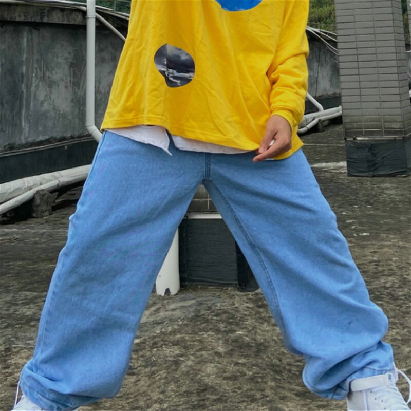 Men Loose Denim Pants Baggy Hip Hop Jeans Drawstring Wide Leg