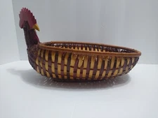Vintage Chicken Basket Farmhouse Bicolored Wood Oval Rooster Centerpiece Wicker