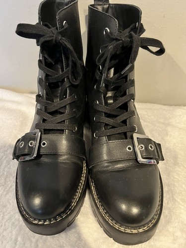 Zara Basic Collection Black Combat Boot Buckle Up Floral Embossed Womens 8 - Picture 6 of 11