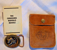 Raging Buffalo Belt Buckle Centennial 1832-1982 w/Leather Pouch Solid Brass NY