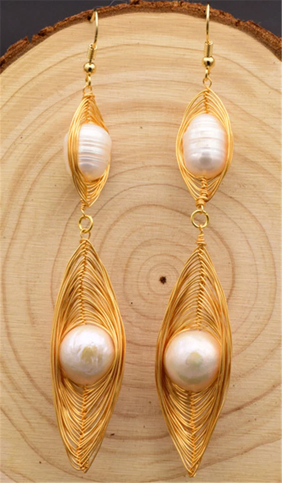 Pendientes de perlas de agua dulce 100 % artesanales blancas naturales de 9-10 mm de oro relleno de 14 k Foto 2 de 3