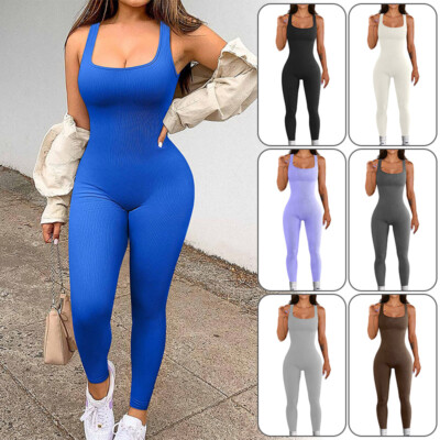 Women Sexy Sports Jumpsuit Low Cut Gym Workout Exercise Running Yoga Bodysuit