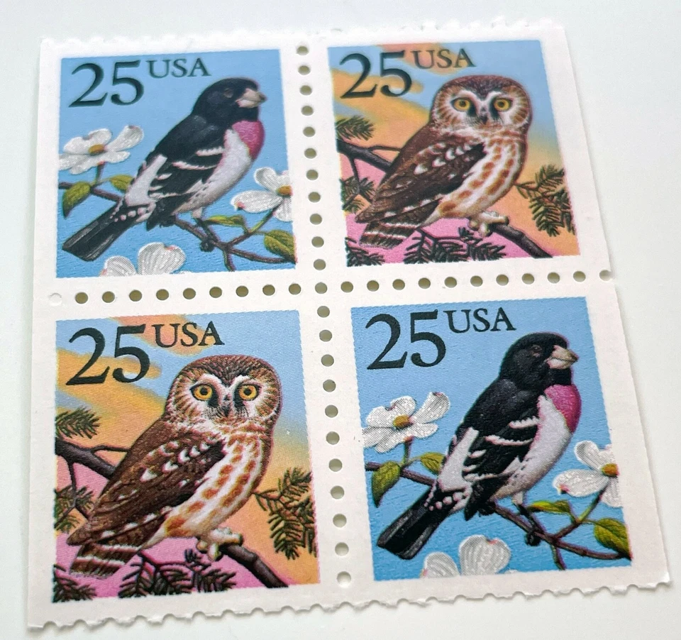 US # 2284-85 OWL & GROSBEAK 25c (1988) - Block of 4 Stamps from Booklet MNH  - Image 2 of 2