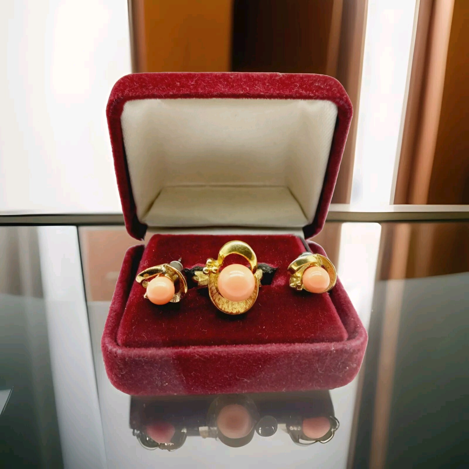 Vintage Coral Earrings & Ring Set Size Unknown Small Avon Goldtone